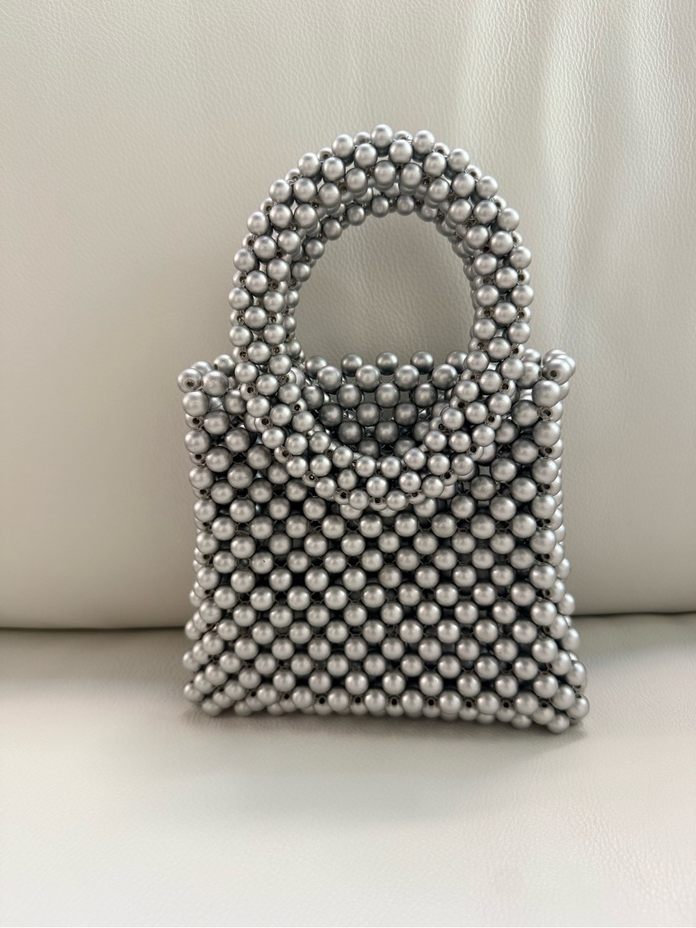 Hand Crafted Silver Beaded Mini Tote Bag